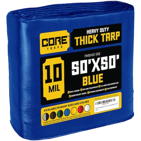 Core Tarps Heavy Duty Tarp, 50 ft L x 0.5 mm H x 50 ft W, 10 Mil, Blue, Polyethylene CT-605-50X50